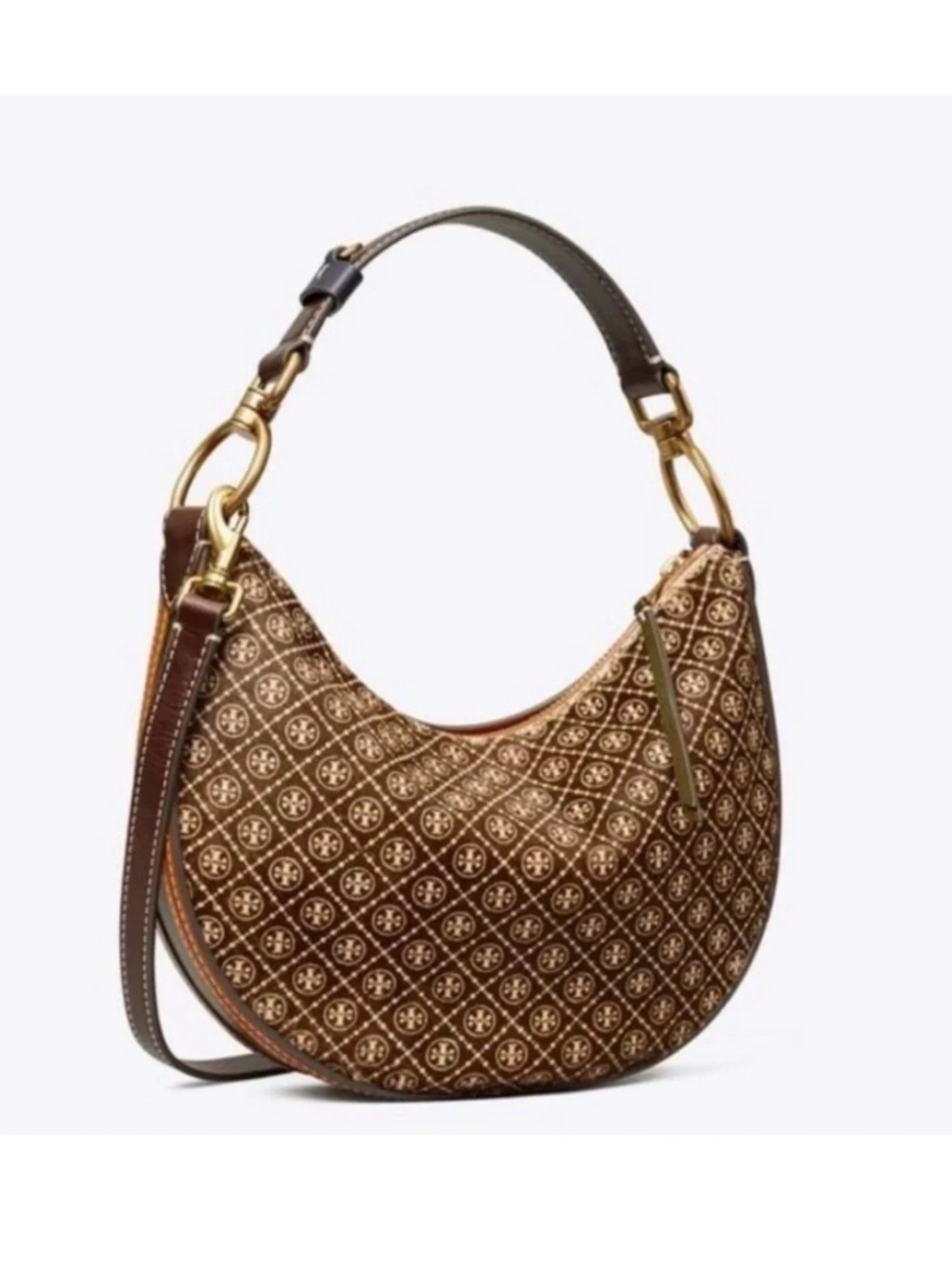 Tory Burch Brown Patterned Crescent Shoulder Bag with Gold Hardware